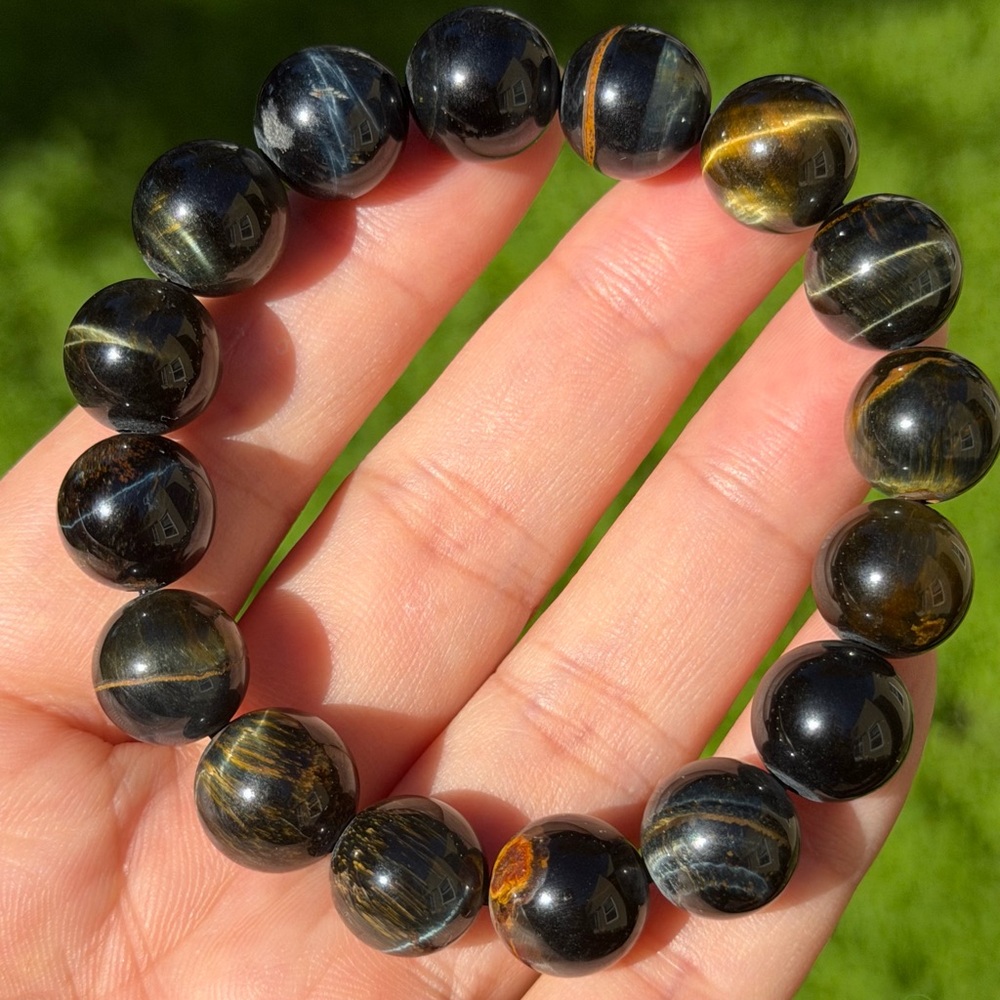 12mm stretchable mixed color blue yellow tiger eye bracelet 0976